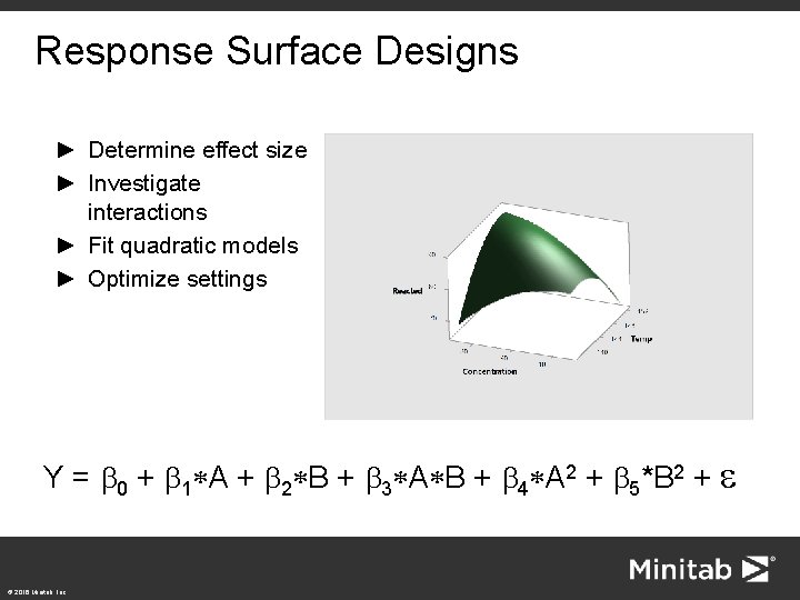 Response Surface Designs ► Determine effect size ► Investigate interactions ► Fit quadratic models