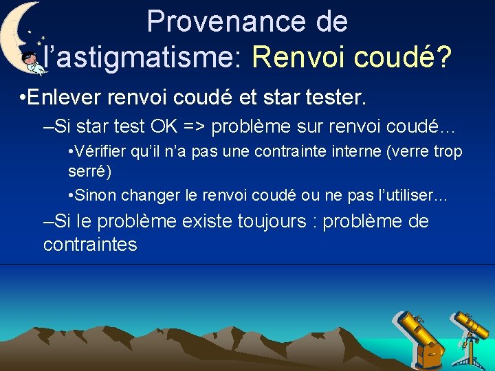 Provenance de l’astigmatisme: Renvoi coudé? • Enlever renvoi coudé et star tester. –Si star