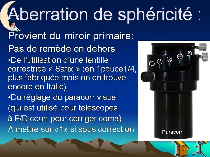 Aberration de sphéricité : Provient du miroir primaire: Pas de remède en dehors •