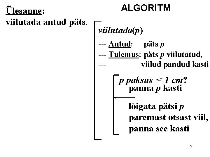 Ülesanne: viilutada antud päts. ALGORITM viilutada(p) --- Antud: päts p --- Tulemus: päts p Ülesanne: viilutada antud päts. ALGORITM viilutada(p) --- Antud: päts p --- Tulemus: päts p