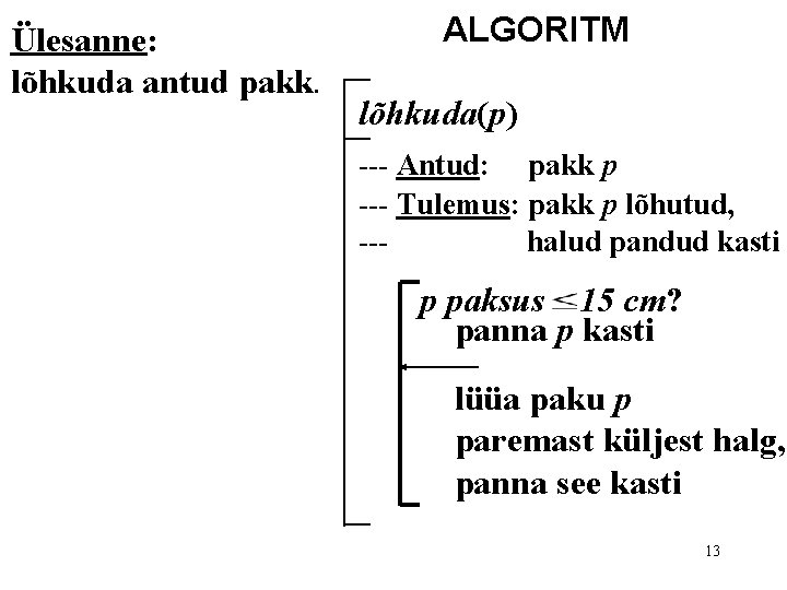Ülesanne: lõhkuda antud pakk. ALGORITM lõhkuda(p) --- Antud: pakk p --- Tulemus: pakk p Ülesanne: lõhkuda antud pakk. ALGORITM lõhkuda(p) --- Antud: pakk p --- Tulemus: pakk p