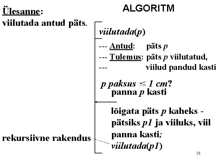 Ülesanne: viilutada antud päts. ALGORITM viilutada(p) --- Antud: päts p --- Tulemus: päts p Ülesanne: viilutada antud päts. ALGORITM viilutada(p) --- Antud: päts p --- Tulemus: päts p