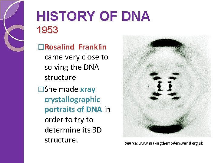 HISTORY OF DNA 1953 �Rosalind Franklin came very close to solving the DNA structure