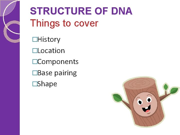 STRUCTURE OF DNA Things to cover �History �Location �Components �Base pairing �Shape 