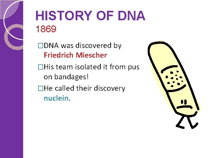 HISTORY OF DNA 1869 �DNA was discovered by Friedrich Miescher �His team isolated it