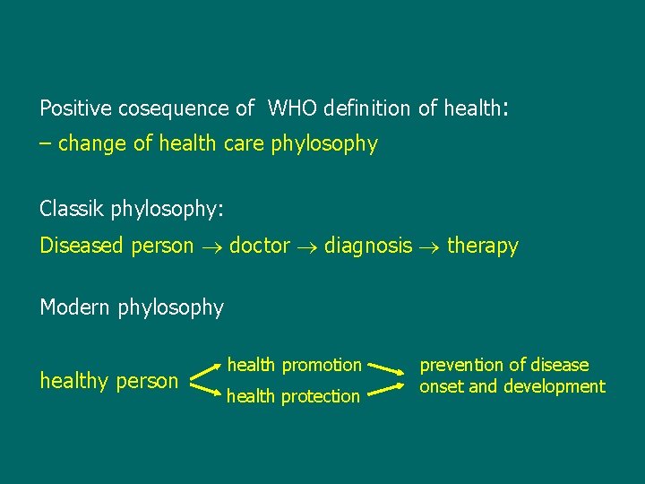 Positive cosequence of WHO definition of health: – change of health care phylosophy Classik