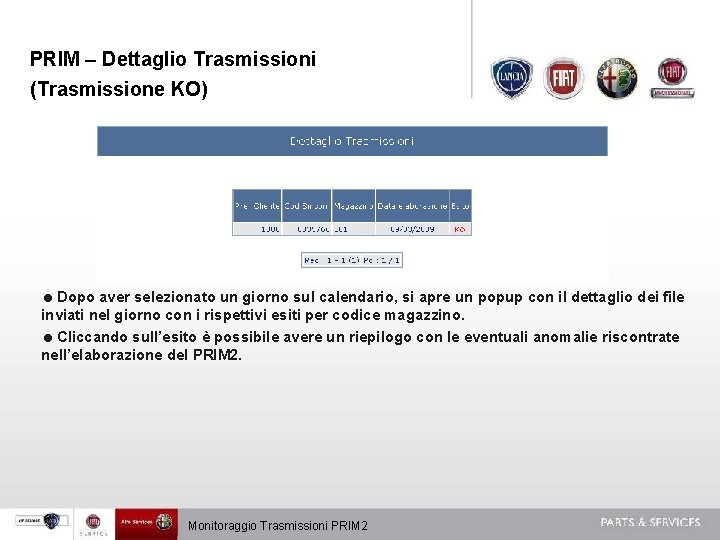 PRIM – Dettaglio Trasmissioni (Trasmissione KO) =Dopo aver selezionato un giorno sul calendario, si