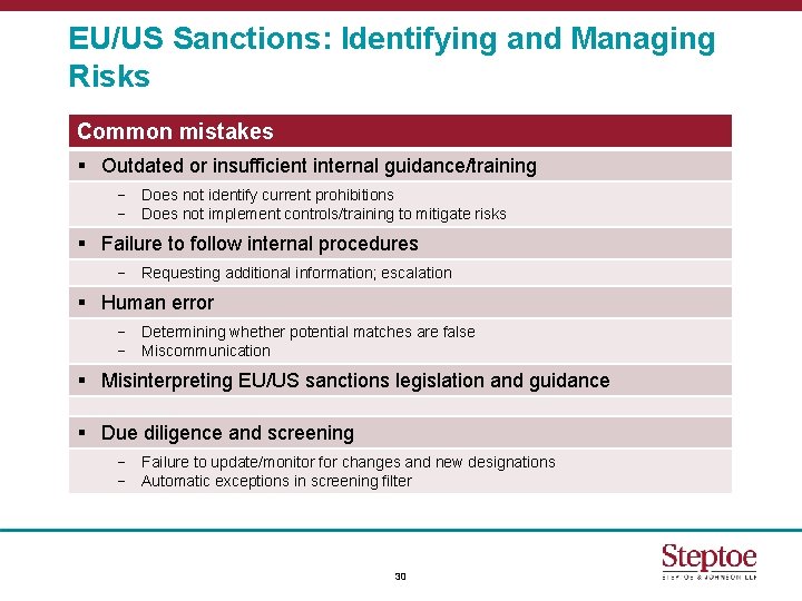 EU/US Sanctions: Identifying and Managing Risks Common mistakes § Outdated or insufficient internal guidance/training