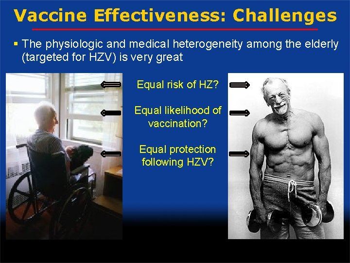 Vaccine Effectiveness: Challenges § The physiologic and medical heterogeneity among the elderly (targeted for