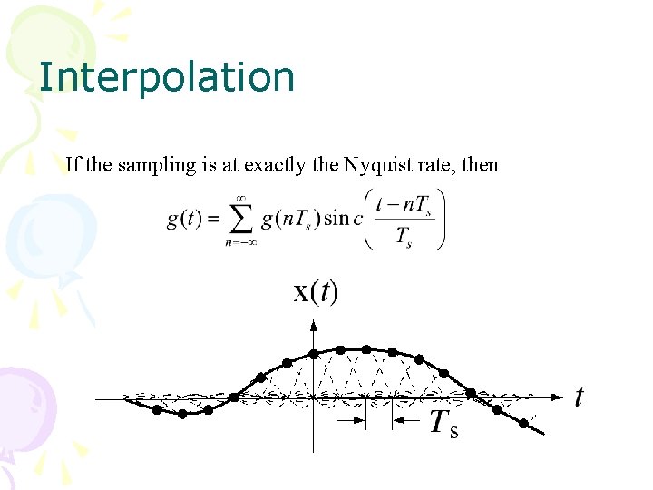 Interpolation If the sampling is at exactly the Nyquist rate, then 