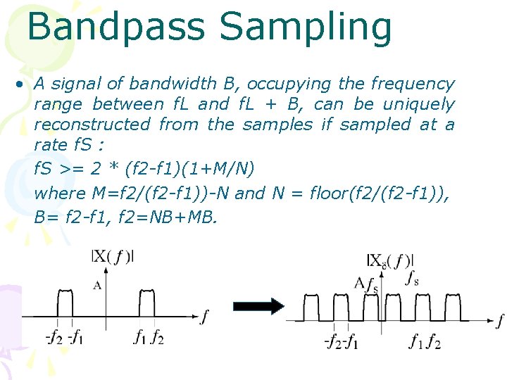 Bandpass Sampling • A signal of bandwidth B, occupying the frequency range between f.