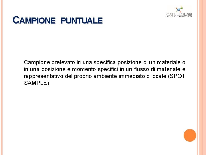 CAMPIONE PUNTUALE Campione prelevato in una specifica posizione di un materiale o in una CAMPIONE PUNTUALE Campione prelevato in una specifica posizione di un materiale o in una