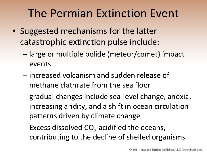 The Permian Extinction Event • Suggested mechanisms for the latter catastrophic extinction pulse include: