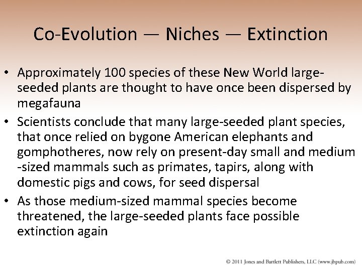 Co-Evolution — Niches — Extinction • Approximately 100 species of these New World largeseeded