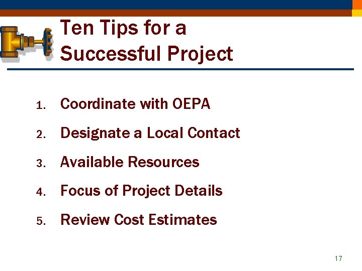 Ten Tips for a Successful Project 1. Coordinate with OEPA 2. Designate a Local