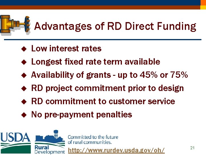 Advantages of RD Direct Funding u u u Low interest rates Longest fixed rate