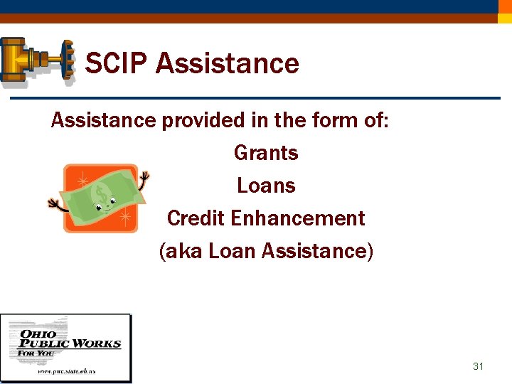 SCIP Assistance provided in the form of: Grants Loans Credit Enhancement (aka Loan Assistance)