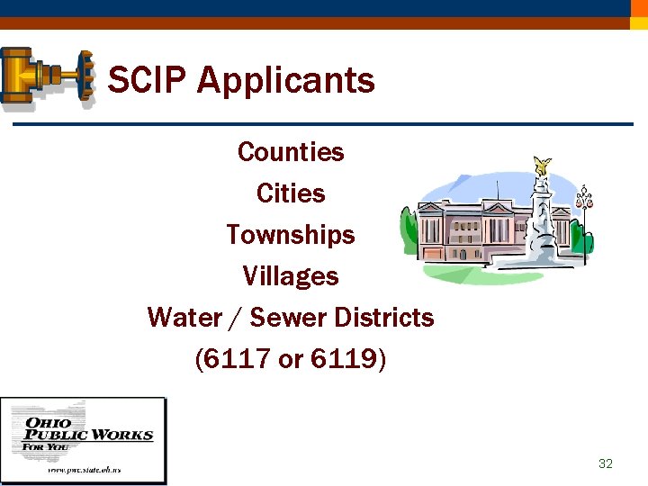 SCIP Applicants Counties Cities Townships Villages Water / Sewer Districts (6117 or 6119) 32