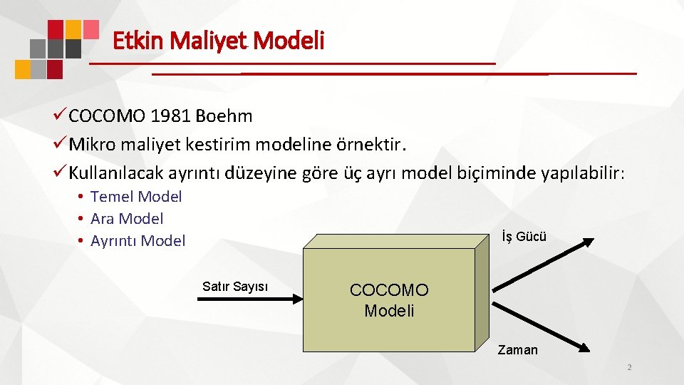 Etkin Maliyet Modeli üCOCOMO 1981 Boehm üMikro maliyet kestirim modeline örnektir. üKullanılacak ayrıntı düzeyine