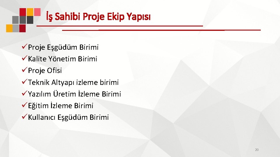 İş Sahibi Proje Ekip Yapısı üProje Eşgüdüm Birimi üKalite Yönetim Birimi üProje Ofisi üTeknik