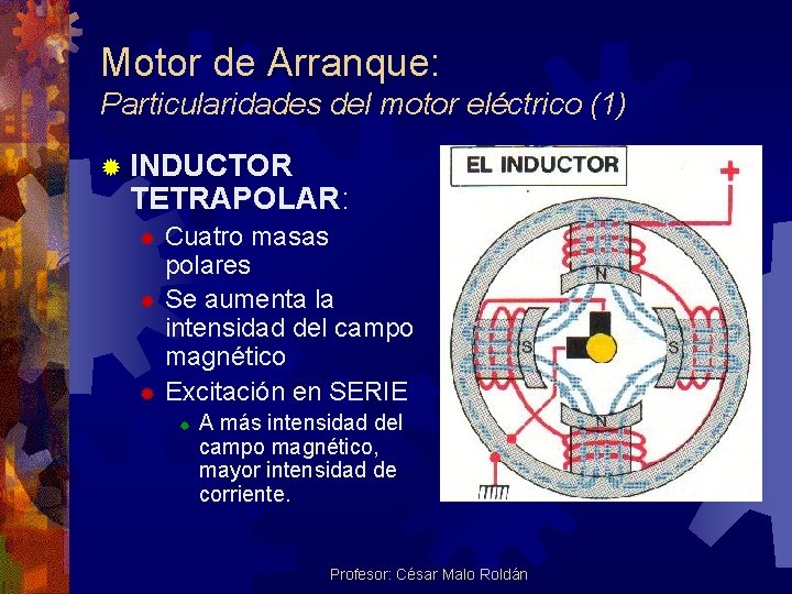 Motor de Arranque: Particularidades del motor eléctrico (1) ® INDUCTOR TETRAPOLAR: Cuatro masas polares