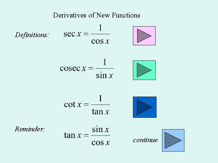 Derivatives of New Functions Definitions: Reminder: continue 