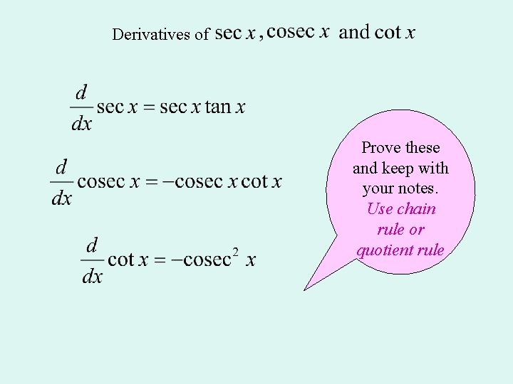 Derivatives of Prove these and keep with your notes. Use chain rule or quotient