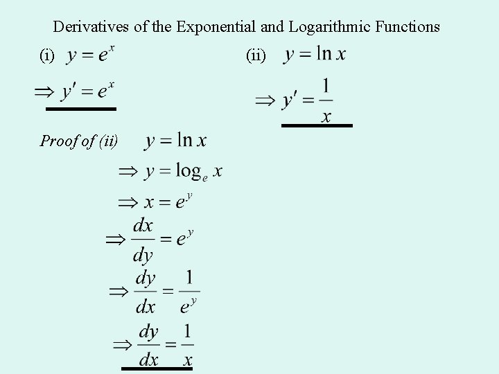 Derivatives of the Exponential and Logarithmic Functions (i) Proof of (ii) 