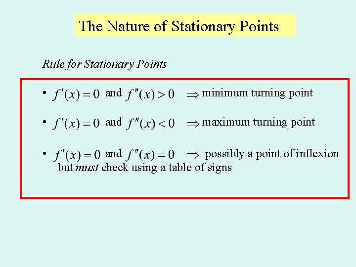 The Nature of Stationary Points Rule for Stationary Points • and minimum turning point