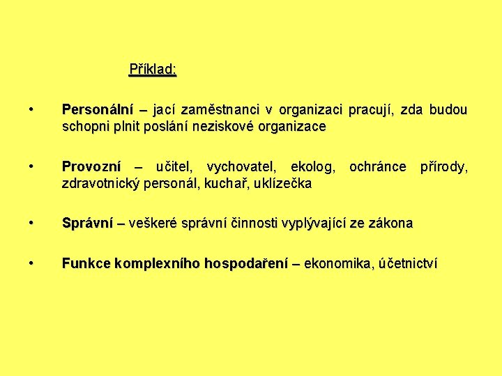 Příklad: • Personální – jací zaměstnanci v organizaci pracují, zda budou schopni plnit poslání