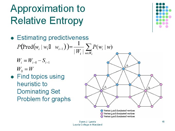 Approximation to Relative Entropy l Estimating predictiveness l Find topics using heuristic to Dominating