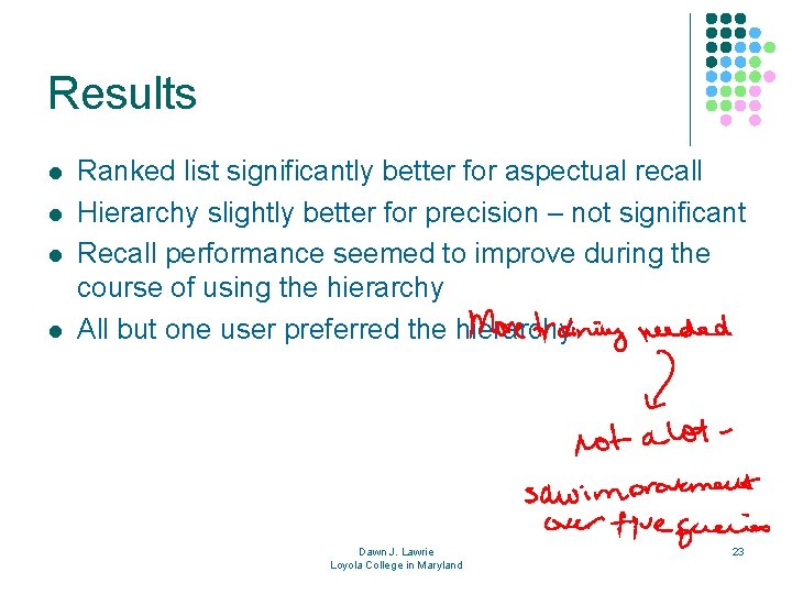 Results l l Ranked list significantly better for aspectual recall Hierarchy slightly better for