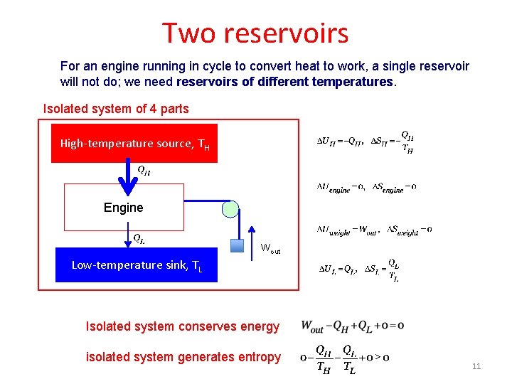 Two reservoirs For an engine running in cycle to convert heat to work, a