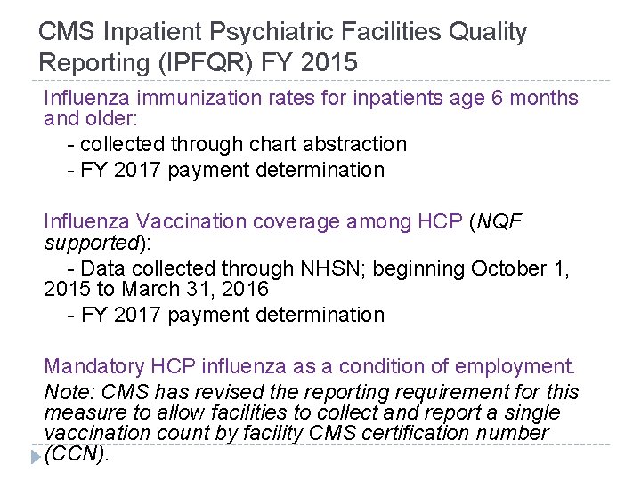 CMS Inpatient Psychiatric Facilities Quality Reporting (IPFQR) FY 2015 Influenza immunization rates for inpatients