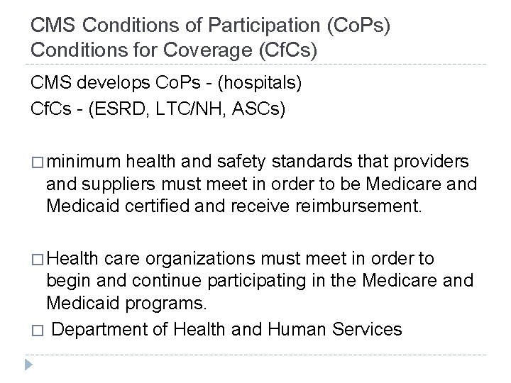 CMS Conditions of Participation (Co. Ps) Conditions for Coverage (Cf. Cs) CMS develops Co.