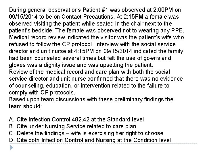 During general observations Patient #1 was observed at 2: 00 PM on 09/15/2014 to