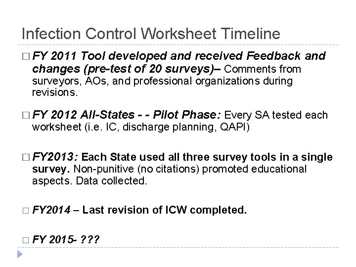 Infection Control Worksheet Timeline � FY 2011 Tool developed and received Feedback and changes