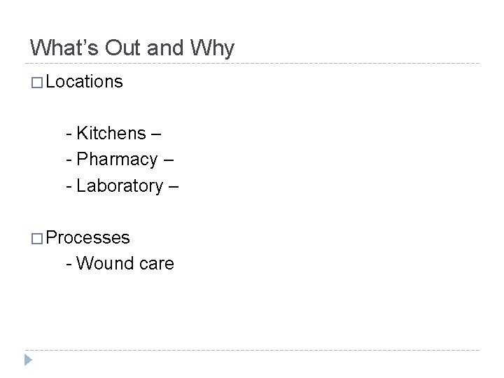 What’s Out and Why � Locations - Kitchens – - Pharmacy – - Laboratory