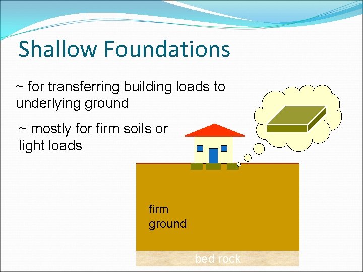 Shallow Foundations ~ for transferring building loads to underlying ground ~ mostly for firm