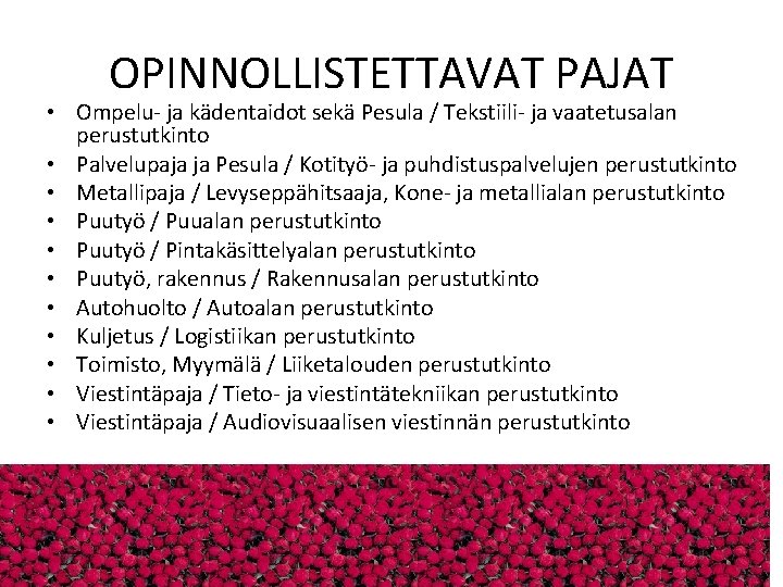 OPINNOLLISTETTAVAT PAJAT • Ompelu- ja kädentaidot sekä Pesula / Tekstiili- ja vaatetusalan perustutkinto •