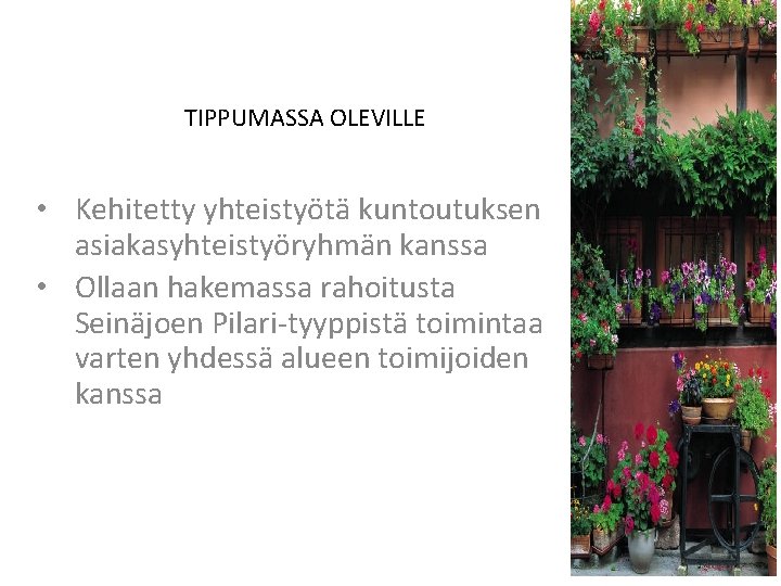 TIPPUMASSA OLEVILLE • Kehitetty yhteistyötä kuntoutuksen asiakasyhteistyöryhmän kanssa • Ollaan hakemassa rahoitusta Seinäjoen Pilari-tyyppistä