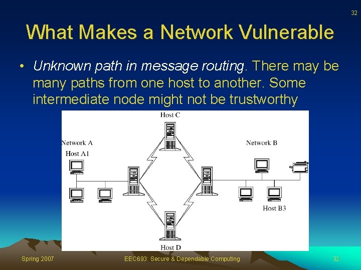 32 What Makes a Network Vulnerable • Unknown path in message routing. There may