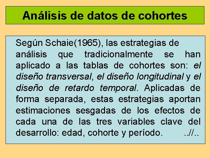 Análisis de datos de cohortes Según Schaie(1965), las estrategias de análisis que tradicionalmente se