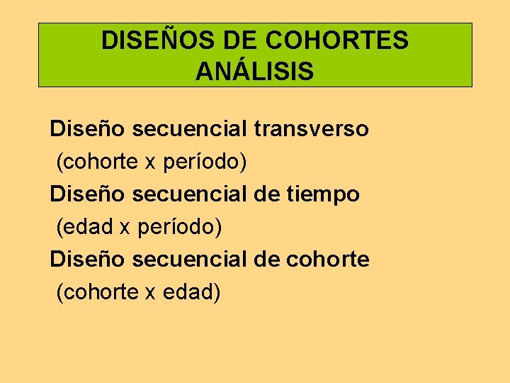 DISEÑOS DE COHORTES ANÁLISIS Diseño secuencial transverso (cohorte x período) Diseño secuencial de tiempo