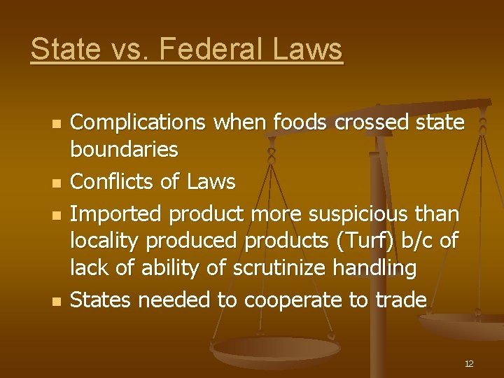 State vs. Federal Laws n n Complications when foods crossed state boundaries Conflicts of State vs. Federal Laws n n Complications when foods crossed state boundaries Conflicts of