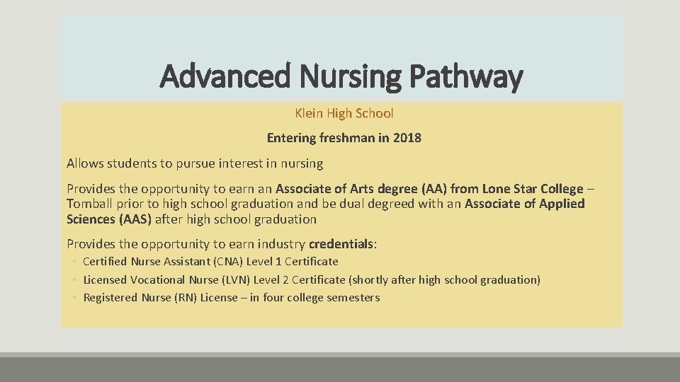 Advanced Nursing Pathway Klein High School Entering freshman in 2018 Allows students to pursue