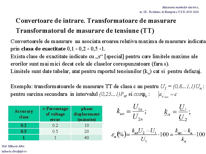 Masurarea marimilor electrice, an III - Facultatea de Energetica U. P. B. 2019 -2020