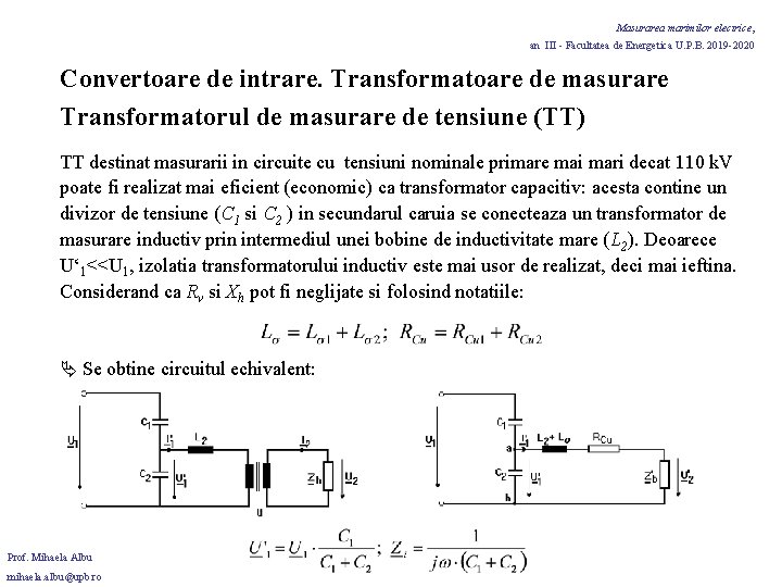 Masurarea marimilor electrice, an III - Facultatea de Energetica U. P. B. 2019 -2020