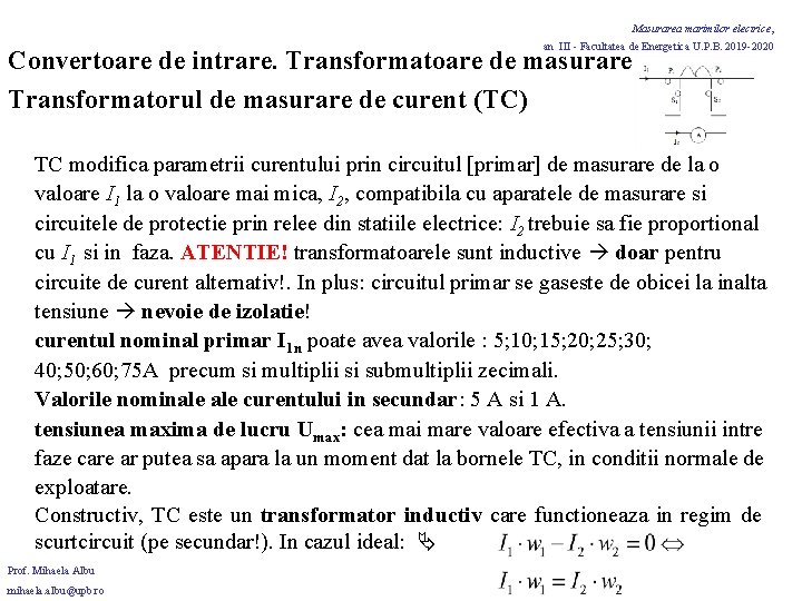 Masurarea marimilor electrice, an III - Facultatea de Energetica U. P. B. 2019 -2020