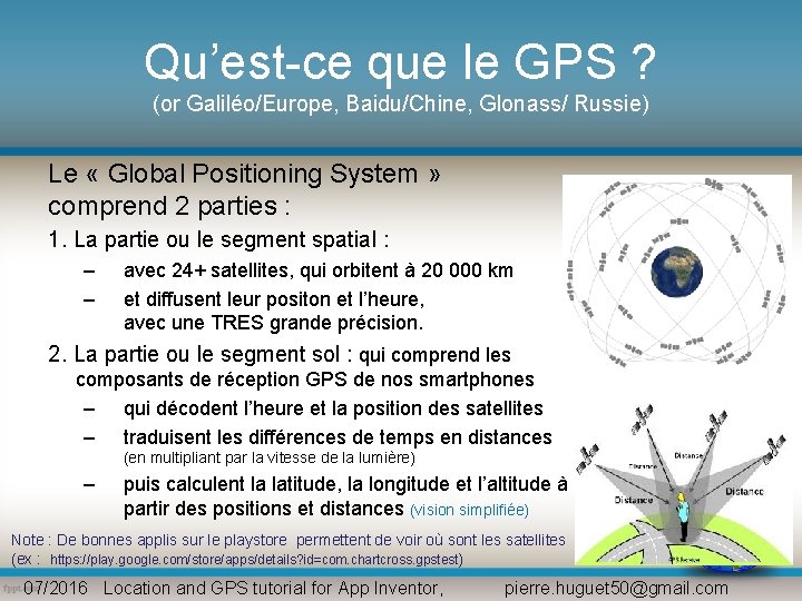 Qu’est-ce que le GPS ? (or Galiléo/Europe, Baidu/Chine, Glonass/ Russie) Le « Global Positioning Qu’est-ce que le GPS ? (or Galiléo/Europe, Baidu/Chine, Glonass/ Russie) Le « Global Positioning